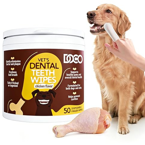 Dog Teeth Cleaning Wipes Chicken Flavor Dental Finger Wipes 50 Count for Dogs & Cats, Plaque & Tartar Remover, Fresh Breath, No Rinse, Easy & Effective Pet Tooth Cleaning Kit for Oral Care
