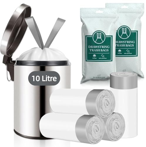 XIQIYY Bolsas de basura pequeñas de 10 litros, bolsas de basura con cordón, bolsas de basura blancas gruesas a prueba de fugas, bolsas de basura para baño, dormitorio, bolsa de basura con asas de