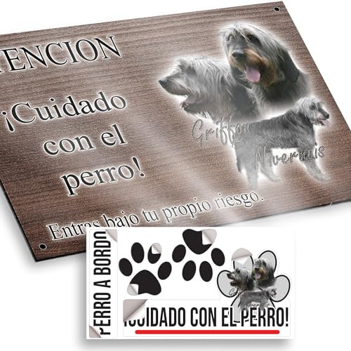 Perro Griffon Cartel Cuidado Perro Peligroso 20x12,5cm - Diseño Madera Marrón Dibond con Pegatina Coche 20x5cm