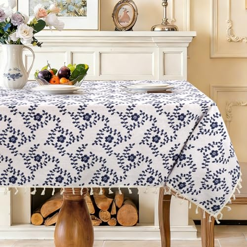 hometrixx Rechteckige Tischdecke 140x180 cm mit Quasten, Abwaschbar Tischwäsche aus Polyester Landhausstil Tischtuch (Blau 1)