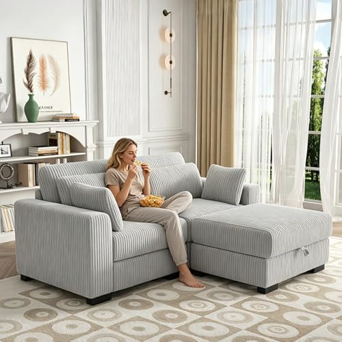 Divano a 2 Posti, Divano Imbottito Divani da Salotto Cheslong Divano Letto Chaise Longue Divano Modulare a Terra in Panno a Forma di L con Cuscino e Pouf (Grigio, 2 posti+1 poggiapiedi)