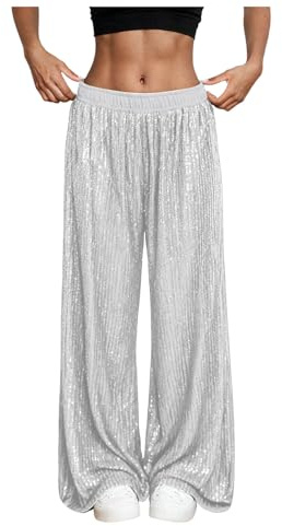 Pailettenhose Damen Elegant Freizeithose High Waist Palazzo Pailettenhose Gold Pailletten Hose Damen Silber Weites Bein Hose Elastische Taille Lose Fit Glitzerhosen Vintage Glitzer Bling Diskothek