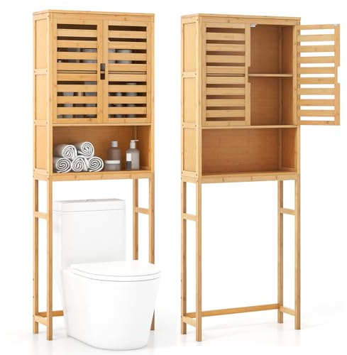 GOPLUS Meuble Salle de Bain en Bambou, Meuble WC Au-Dessus des Toilettes avec Portes à Persiennes, Kit Anti-basculement, Barre Transversale Inférieure, pour Salle de Bain, Buanderie