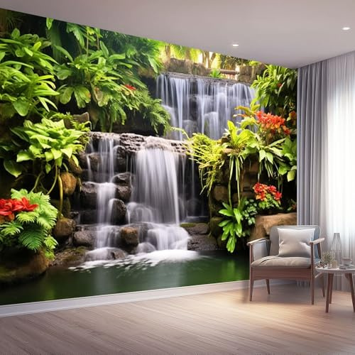 Papier Peint Panoramique Forêt Tropicale Primaire Cascade Plantes 400 x 280 cm (L x H) Papier Peint Intissé Mural, Poster Geant Mural 3D, Vert Décoration Murale pour Salon Chambre d'enfants