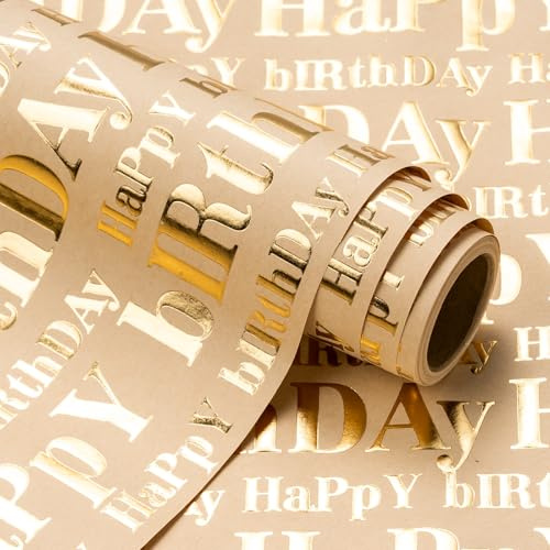 RUSPEPA 3D Kraft födelsedag omslagspapper rulle – minirulle – 43,2 cm x 5 m – guld och brun grattis på födelsedagen bokstavsdesign med präglad perfekt för festfirande