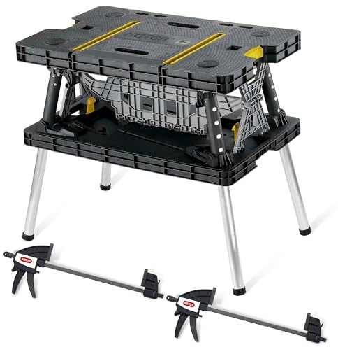 Keter Folding Work Table, Portable Workbench w/ 12 Clamps for Garage/Wood Shop