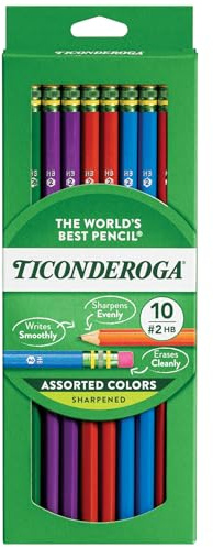 TICONDEROGA Pencils, Wood-Cased Graphite, #2 HB Soft, Pre-Sharpened, Assorted Color Barrels, Black Lead, 10-Pack (13932)