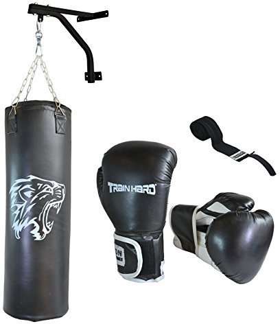 TrainHard Boxbag sandpåse fylld 90 cm 30 kg m. Vägghållare boxhandskar 14 OZ bandage