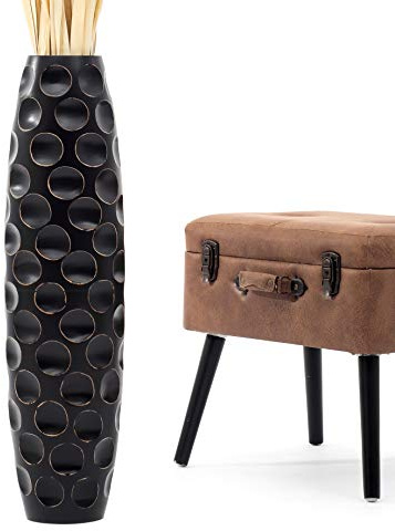 Leewadee Große Deko Bodenvase Für Dekozweige, Hohe Standvase Für Pampasgras, Design Holzvase, 65 cm, Schwarz