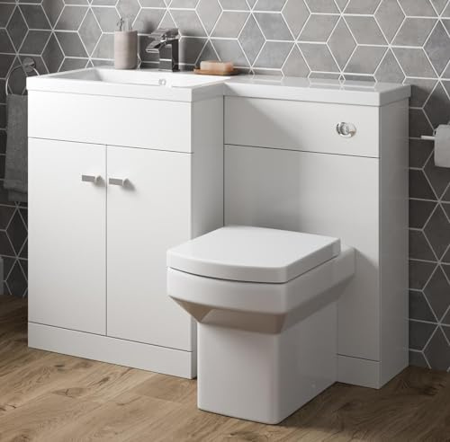1100mm L Shape Bathroom Vanity Sink Unit Furniture Storage, Left Hand High Gloss White Vanity Unit + Basin + Ceramic Square Toilet with Concealed Cistern