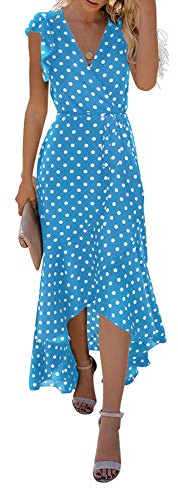 GRECERELLE Womens Summer Maxi Dress Boho Floral Cocktail Polka Dot Wrap Dresses V Neck Casual Party Bohemian Flowy Long Dress for Ladies (Polka Dots-Light Blue, XL)