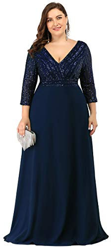 Ever-Pretty Damen V-Ausschnitt Elegant A-Linie Pailletten Lange Ärmel Chiffon große Größe Abendkleid Navy Blau 48