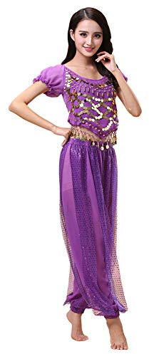 kewing Mujer Disfraz de Danza del Vientre Set - Bailando Top + Pantalones de Linterna Profesional Carnaval Bailarín Outfit Suit