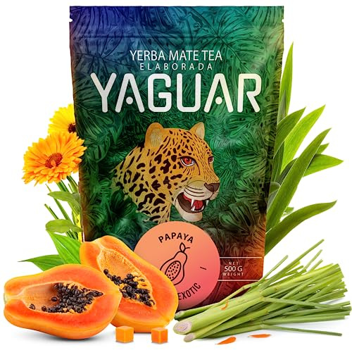 Yaguar Papaya,Yerba Maté du Brésil,500g, papaye, mangue, calendula et citronnelle, caféine naturelle, Avec vitamines, minéraux, antioxydants, Pour débutants et avancés | Infusion polyvalente chaude ou glacée