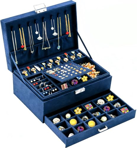 QBTapestry Boîte à bijoux pour femmes et filles, 3 étages Grande boîte de rangement avec tiroir de verrouillage pour boucles d'oreilles, bracelets, bagues, colliers, montres – Bleu foncé