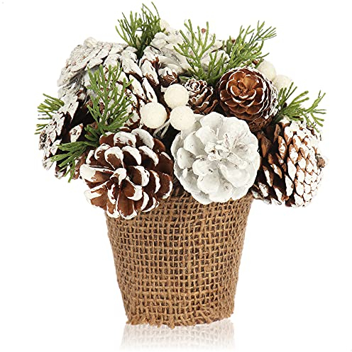 com-four® Arreglo navideño en Maceta - Conos, ramitas y Bayas en una Banda Decorativa de Yute - arreglo Floral Hecho a Mano como decoración de Mesa