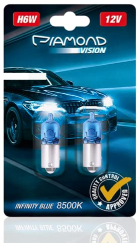 Diamond Vision 2x H6W 12V 6W | Xenon Look | Halogen KFZ Autolampen | 8500K Super Ultra White | extrem langlebig | 2er SET | E-Prüfzeichen | BAX9s