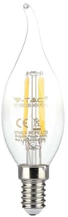 V-TAC Lampadina LED Filamento Fiamma con Attacco Edison E14-4W (Equivalenti a 35W) - 400 Lumen - Massima Efficienza e Risparmio Energetico - 3000K Luce Bianca Calda - (Box 1 Pezzo),