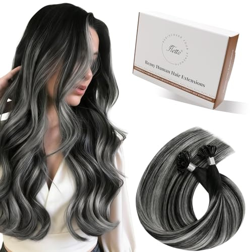 Hetto Extensions Echthaar Bondings Balayage Schwarz & Silber 40cm 50 Stück 1g/Stück – Natürliche Strähnen, Zum Erhitzen, Für Berufstätige Frauen, Perfekt für Hochzeit #1b/s/1b
