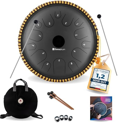 Sonodrum Zungentrommel Exclusive C - Dur in Schwarz - 38 cm groß mit 14 Tönen - Steel Tongue Drum inkl. Liederbuch, Schlägel, Fingersticks und Tragetasche. Notenlesen nicht nötig, einfach zu spielen
