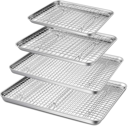 P&P CHEF 16 + 12.5 + 10.4 + 9 Inch Baking Sheet and Rack Set, 8Pcs Stainless Steel Cookie Sheets Oven Baking Pans Trays with Cooling Racks for Cooking, Oven & Dishwasher Safe, Pans with Grid Racks