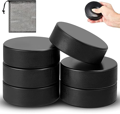 Liliful 3 Sport Foam Ice Hockey Pucks with Mesh Bag for Practicing and Training Indoor Use Lightweight Hockey Supplies for Adults, Safe Official Regulation Size(Regular Styles,Black,6 Pcs)