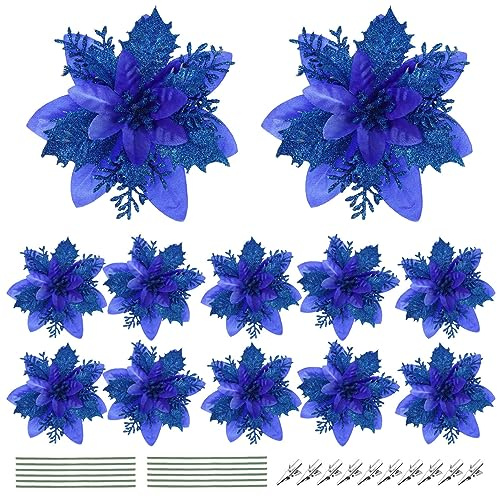 SAFIGLE 12Pcs Noël Paillettes Poinsettia Fleurs Artificielles Fleurs De Noël Mariage Arbre De Noël Fleurs Ornements Décoration De Fête avec Tiges Et Clips (Bleu)