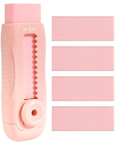 M&G 4+1 Pack Rubber Pink Erasers Sliding Retractable Eraser, Soft Cute Erasers Push Pull Large Pencil Erasers with Plastic Sleeve 4 Refill Eraser for School Students Kids Office Home Supplies