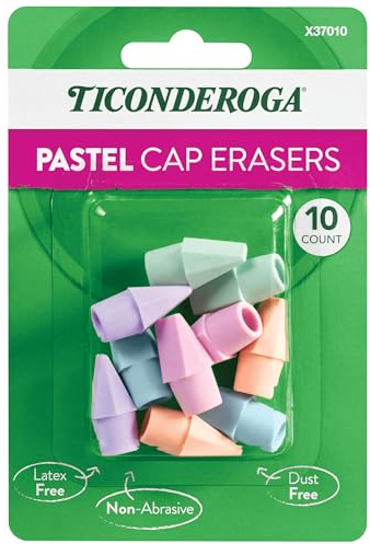 Ticonderoga Pencil Cap Erasers, Assorted Pastel Colors, 10 Count