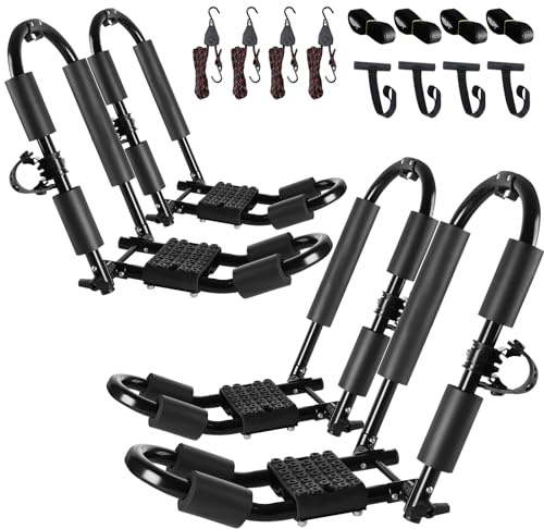FORWODE Premium Kayak Roof Rack, 2 Pair J-Bar Roof Rack, Folding Adjustable Rack, Heavy Duty Kayak Roof Carrier 2 Kayak, Canoe, SUV, Surfboard on SUV, Car and Truck Crossbar