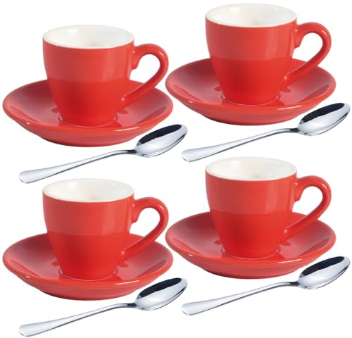homEdge Espresso koppset i porslin med fat och skedar – 80 ml/2,5 uns, set med 4, röd