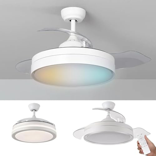 Ventilatore da Soffitto, LED CCT 56W DA 3000K A 6500K, Lampadario Ventilatore da Soffitto Ventilatore Silenzioso Dimmerabile Plafoniera con Ventilatore Telecomando, Bianca Lampada con Timer