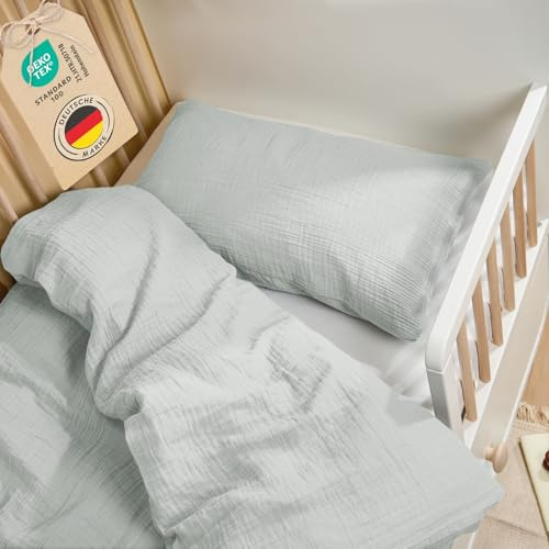 Laleni Parure de lit pour enfant - 100 x 135 cm - En mousseline de coton - Taie d'oreiller 40 x 60 cm - Certifié Oeko-Tex - Bleu