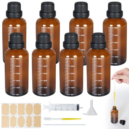 Annyswit 8 Stück Braunglasflasche mit 0-50ml Skala, 50ml Kleine Braune Flaschen mit Pipette, Spritze & Katheter, Braune Glasflaschen mit Trichter & Aufkleber, für Ätherische Öle, Parfüm, Brown Glass