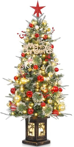 125cm Weihnachtsbaum Künstlich mit Beleuchtung, 4ft Künstlicher Weihnachten Baum mit 150 Warmweißen und Mehrfarbigen LED Lichtern 9 Modi PVC Zweigspitzen Retro Elch Beleuchteter Topf für Haus Büro