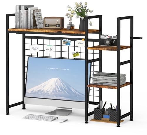 YBING Schreibtischregal, Bücherregal, Tischregal mit 4 Ablagen und offenem Fach, Schreibtisch Regalaufsatz für Computer, Multifunktionales Regal aus Holz für Zuhause, Büro