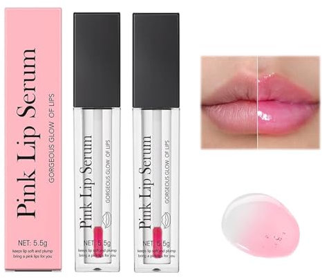 Pink Lip Serum Plumper - Farbwechselndes Lipgloss für Pralle Lippen, Hydratisierende Lippenfarbe für Frauen (Rosa, 2 Stück)