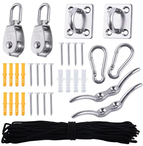 LEONTOOL M15 Stainless Steel Pulley System Kit Single Pulley Block Wire Rope Hanging Wire Towing Wheel with Nylon Rope, Hooks, Eye Pad Plate, and Rope Cleat, for Lifting Gym Equipment Clothesline