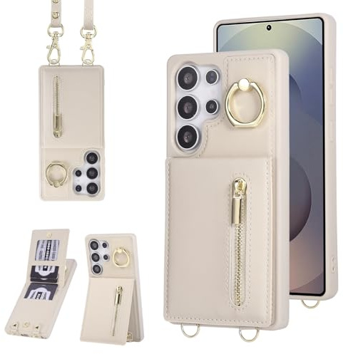 Jcxtrombulous Hülle für Galaxy S25 Ultra Hülle Stoßfeste Handyhülle mit Verstellbarer Halskette RFID Reißverschluss Geldbörse Etui mit Kartenfach mit Band Ring Ständer Case für Frauen-Beige