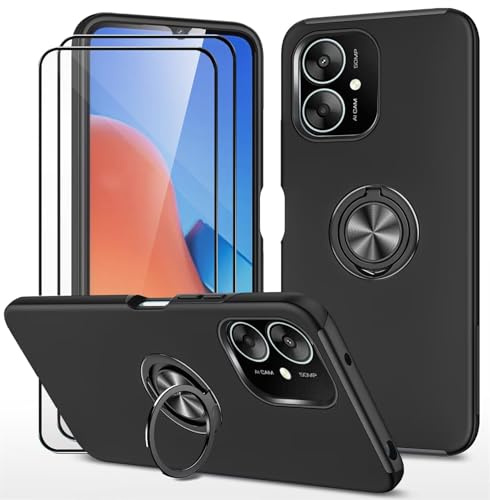 Dechyi Funda para Xiaomi Redmi 13C / Poco C65 (6.58) y 2 Piezas Protector de Pantalla Cristal Vidrio Templado Carcasa robustez Durabilidad con Anillo Soporte- Negro