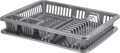 LAVV HOUSEWARES LTD Elite Large 12 Plate Bays Dish Drainer Drying Rack with Drip Tray and Cutlery Holder (Grey)