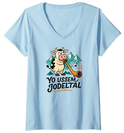 Damen Alphornspieler, Alpenhorn, Musik Noten, Almhorn, Alphorn T-Shirt mit V-Ausschnitt