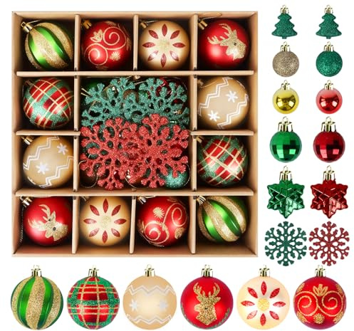 Anstore Bolas de Navidad de 3/6cm de Plástico Irrompible con Copos de Nieve y árbol de Navidad con Cordón para Colgar, 40 Adornos Navidad Arbol con Colgador para Fiestas de Navidad, Rojo Verde Dorado