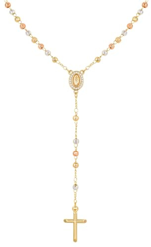Rosenkranz-Halskette mit Kreuz der Jungfrau Maria für Frauen - Langer Rosenkranz der Jungfrau von Guadalupe in Gold und Silber - Katholische Halskette mit ovalen Details, Kreuz- Religiöses Geschenk