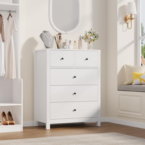 IDEALHOUSE White Dresser for Bedroom, Tall 5 Drawer Dresser with Deep Drawers & Metal Knobs, Modern Wooden Double Chests of Drawers for Kids Bedroom, Entryway, Hallway
