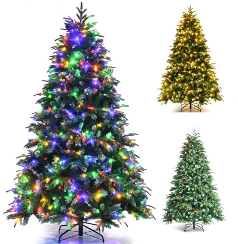 GYMAX 5FT/6FT/7FT Pre-Lit Artificial Christmas Tree, Hinged Xmas Tree with 581/899/1315 Branch Tips, 250/350/450 LED Lights, Pine Cones & Red Berries, 11 Lighting Modes, Holiday Decor Tree (7FT)