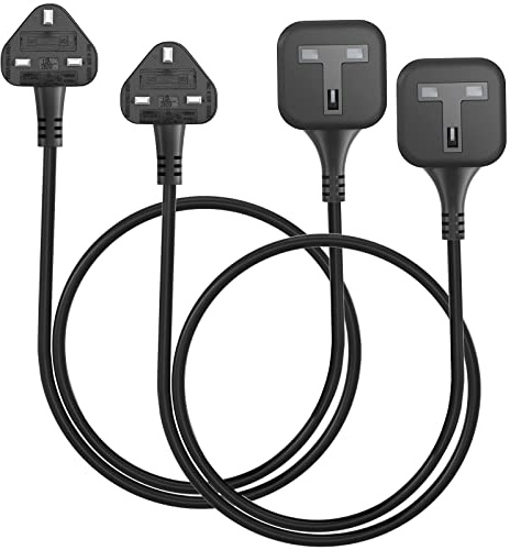 HITRENDS Single Socket Extension Lead 0.3m, 1 Gang UK 3-Pin Plug with Fused (13A 3250W Max), Short Extension Cord for Travel, Home, Office, Black (2-Pack)