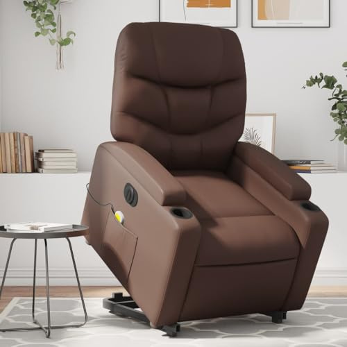 Hommdiy Aufstehhilfe Elektrisch Relaxsessel Massagesessel Fernsehsessel mit Liegefunktion TV Sessel für Wohnzimmer Braun Leder Quadratisch