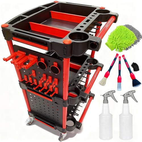 Utility Tool Trolley on Wheels, 200Kg Cap. 3-Tier Rolling Cart with Lockable Wheels, 2 Detachable Steel Pegboard+2 Spray Bottles+3 Detailing Brushes+2 Car Wash Mitt for Garage Workshop Organization