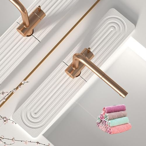 Contour de robinet en diatomite, contour de robinet absorbant, séchage rapide tapis robinets diatomite, evier multifonction, pour la cuisine, comptoir de salle de bain (Carrée-Blanc, 40x10cm)